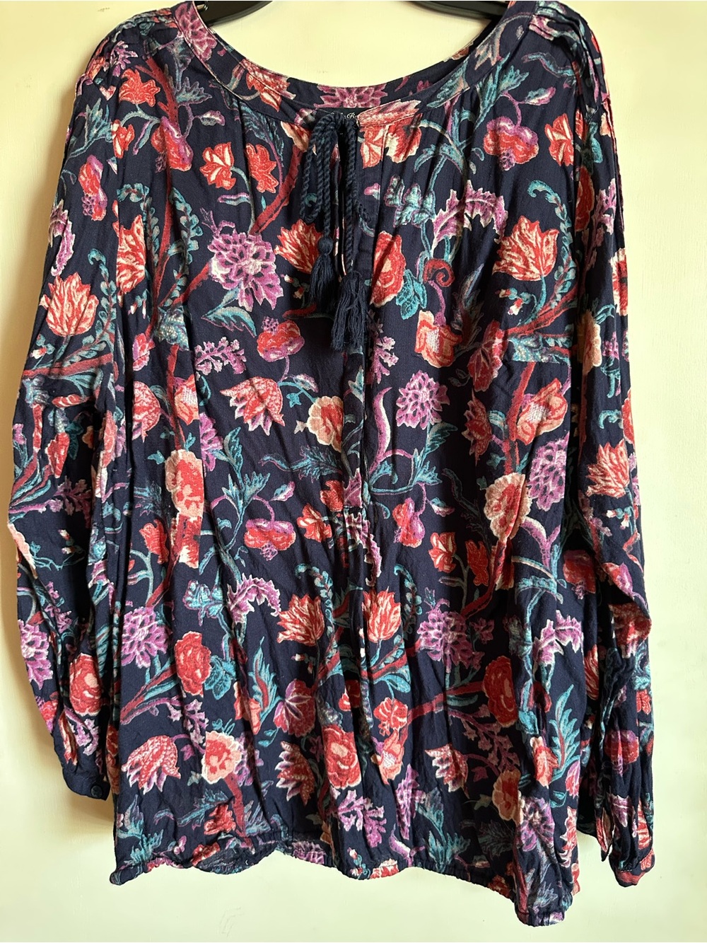 Lucky Brand Navy Floral Tie-Neck Tunic with Pink & Coral Blooms